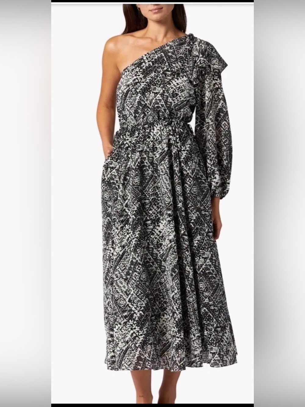 Joie Black & White 100% Silk One-Shoulder Printed Maxi Dress